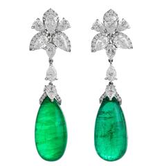 25.21 Carats Oval Cabochon Emeralds Diamonds Gold Earrings 