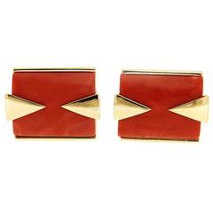 Special Cut Rectangle Red Coral Cufflink with Triangle Motif 11