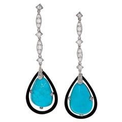 Georges Fouquet French Art Deco Turquoise, Diamond, Platinum and Enamel Earrings