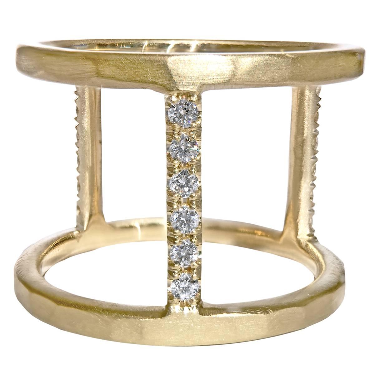 White Diamond Textured Gold Handmade Wide Open Tripod Band Ring, Lisa Ziff