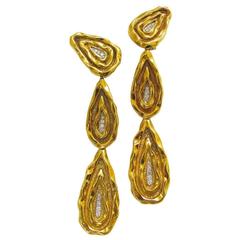 French Neiman Marcus 1970s Four Inch  Long  Diamond Gold Earrings 