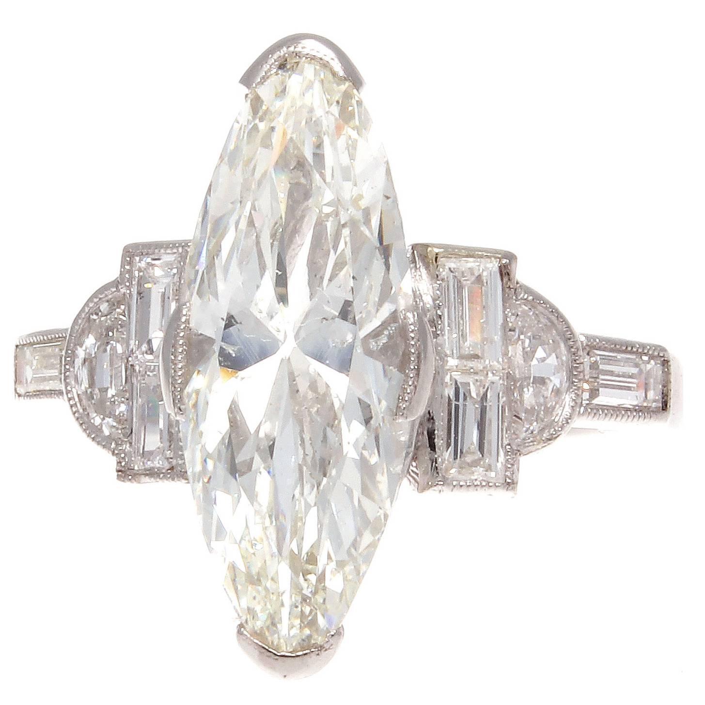 Art Deco 3.07 Carat GIA Marquise Diamond Platinum Engagement Ring at