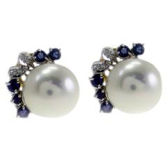 Sapphire Diamond Pearl Gold Earrings