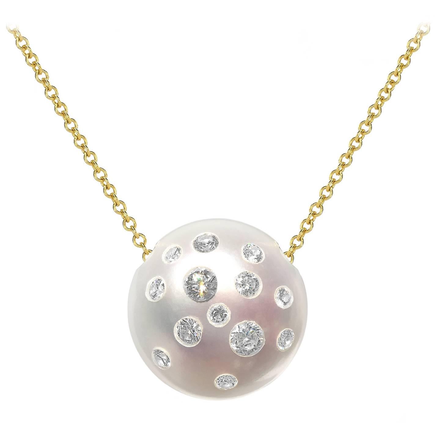 Russell Trusso White Diamond Embedded Freshwater Pearl Pendant Necklace