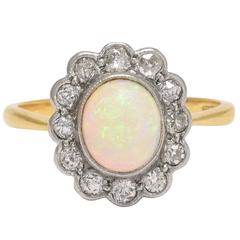 Edwardian Opal Diamond Flower Cluster Gold Platinum Ring 