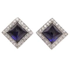 Antique Art Deco Sugarloaf Sapphire Cabochon and Diamond Platinum Stud Earrings
