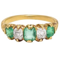Victorian Emerald Old Mine Cut Diamond 5-Stone Ring