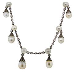 14k Yellow Gold/Silver GIA Certified Antique Pearl Diamond Necklace