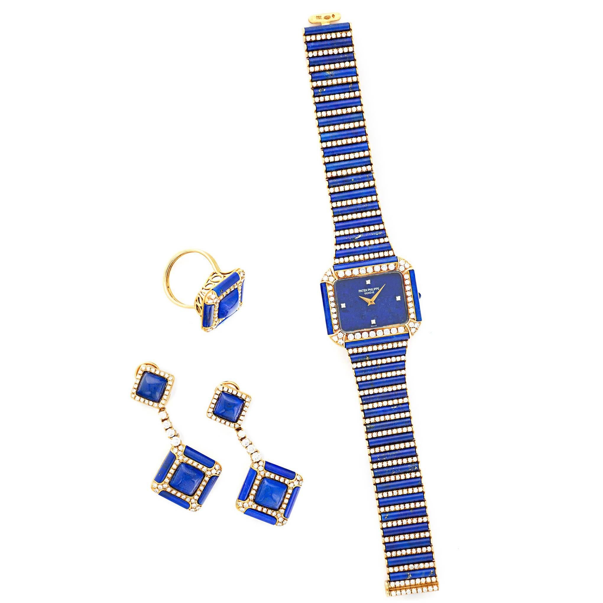 Patek Philippe Yellow Gold Lapis and Diamond Watch, Earrings, and Ring Set