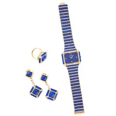 Patek Philippe Yellow Gold Lapis and Diamond Watch, Earrings, and Ring Set