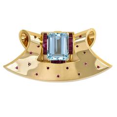 Retro Aquamarine Ruby Gold Clip Brooch 9