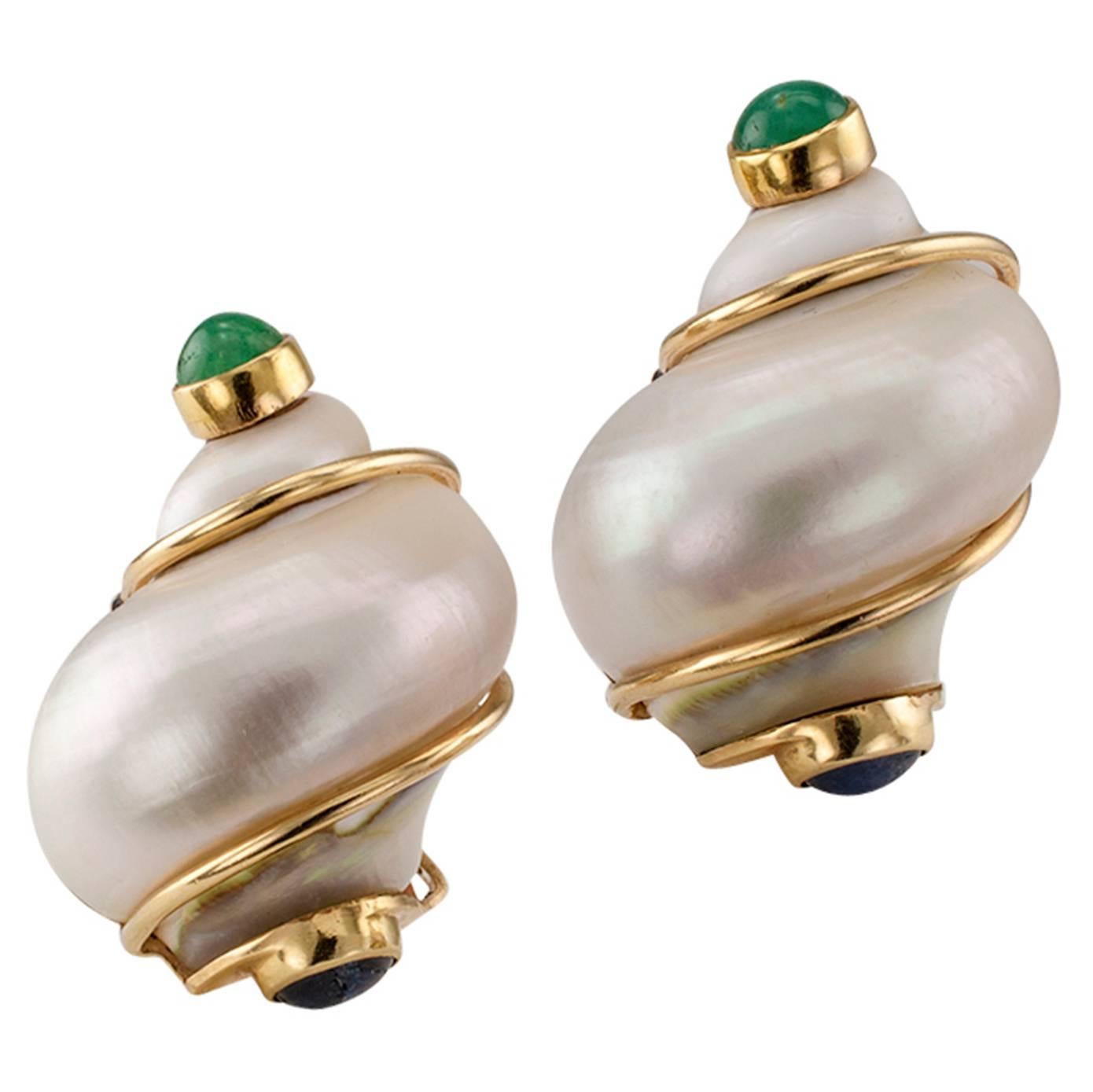 Seaman Schepps Natural Shell Emerald and Sapphire Earrings