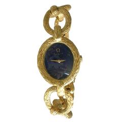 Vintage 1960s Roy King for Omega Ladies Lapis Lazuli Gold Wristwatch 