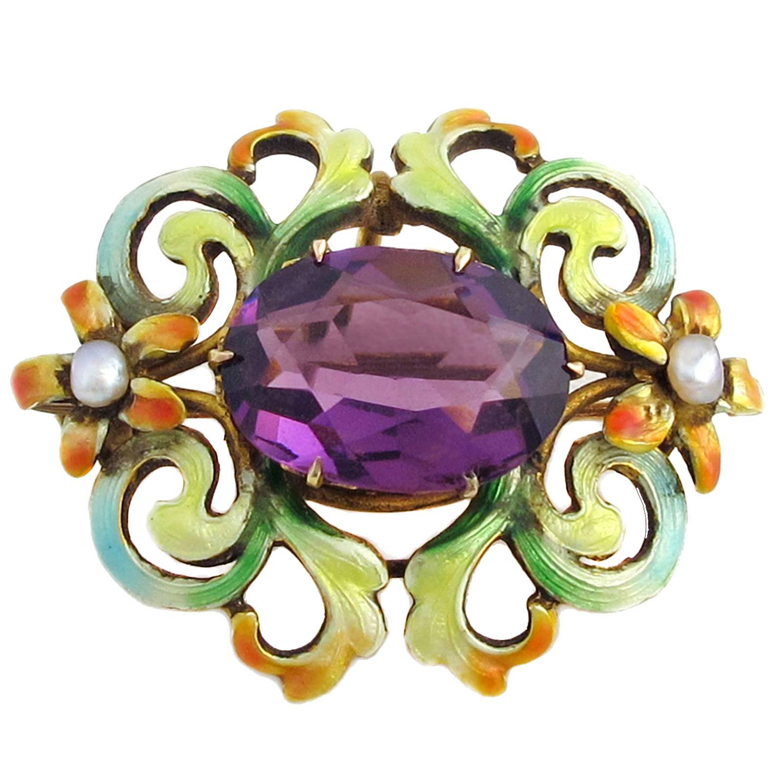 Art Nouveau Amethyst and Enamel Brooch set in Yellow Gold For Sale