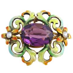 Antique Art Nouveau Amethyst and Enamel Brooch set in Yellow Gold