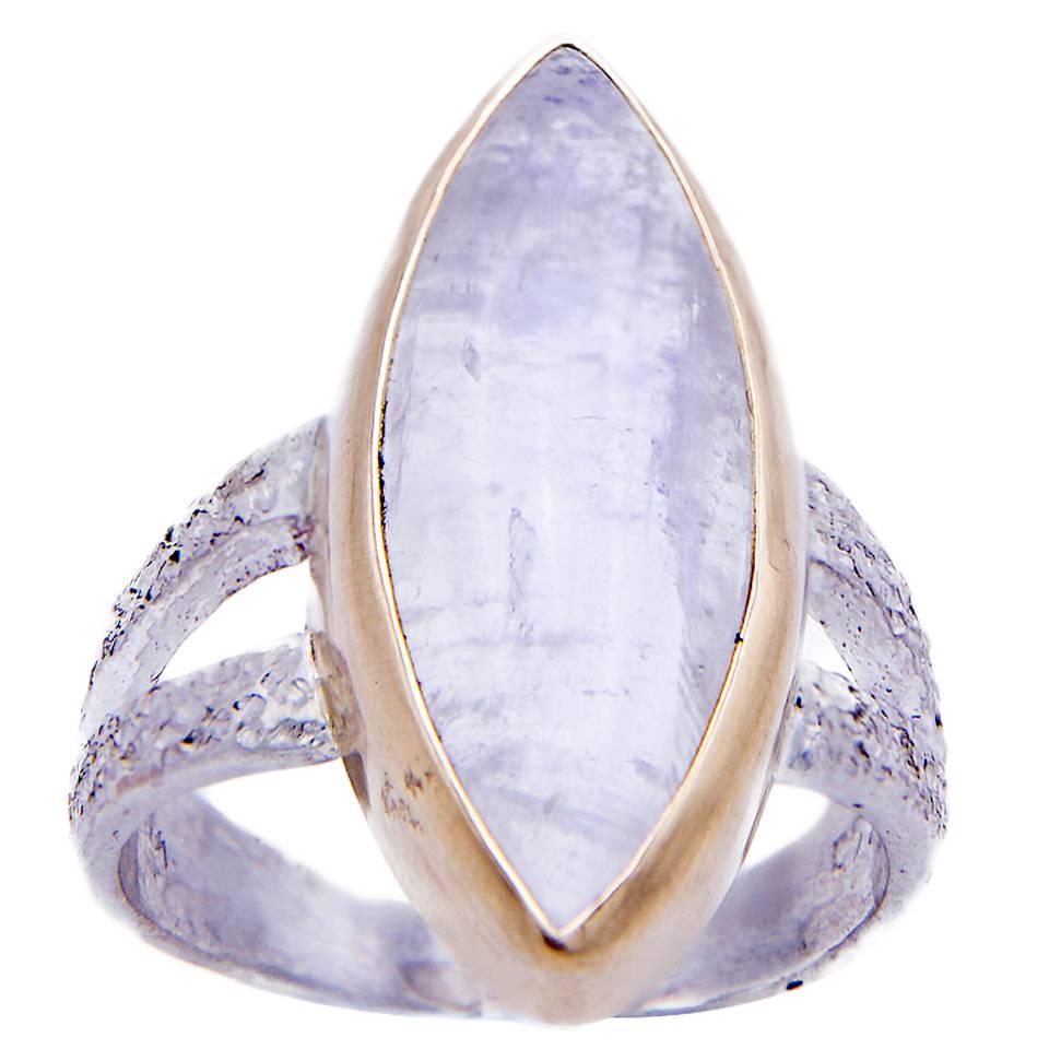 Large Marquise Moonstone Ring with Yellow Gold and Sterling Silver