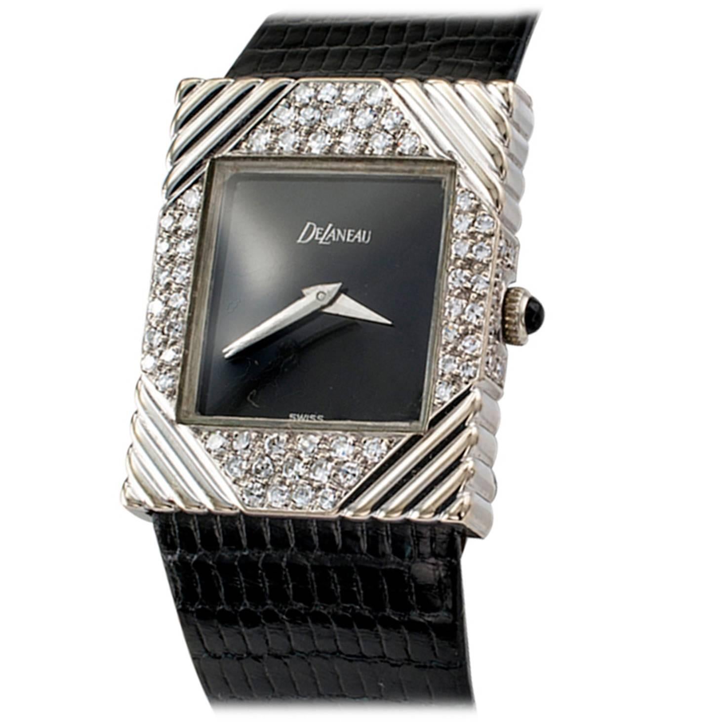 1970s DeLaneau White Gold Diamond Tuxedo Wristwatch