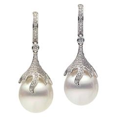Pearl and Diamond Dangling Drop Earrings