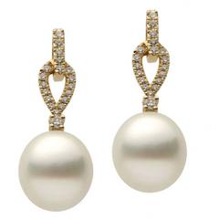Gelbgold Perle und Diamant Tropfenohrring