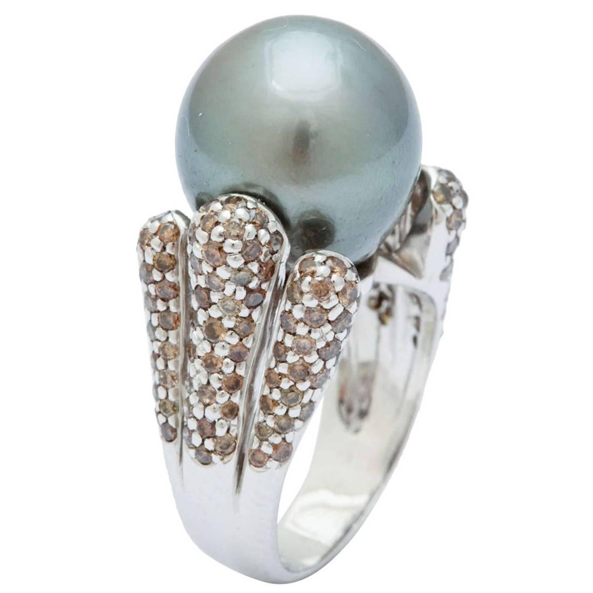 Tahitian Pearl Champagne Diamond Gold Ring For Sale