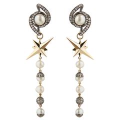 18ct Yellow Gold, Blackened Silver, Cultured Pearl and Diamond Dangle Earrings 6