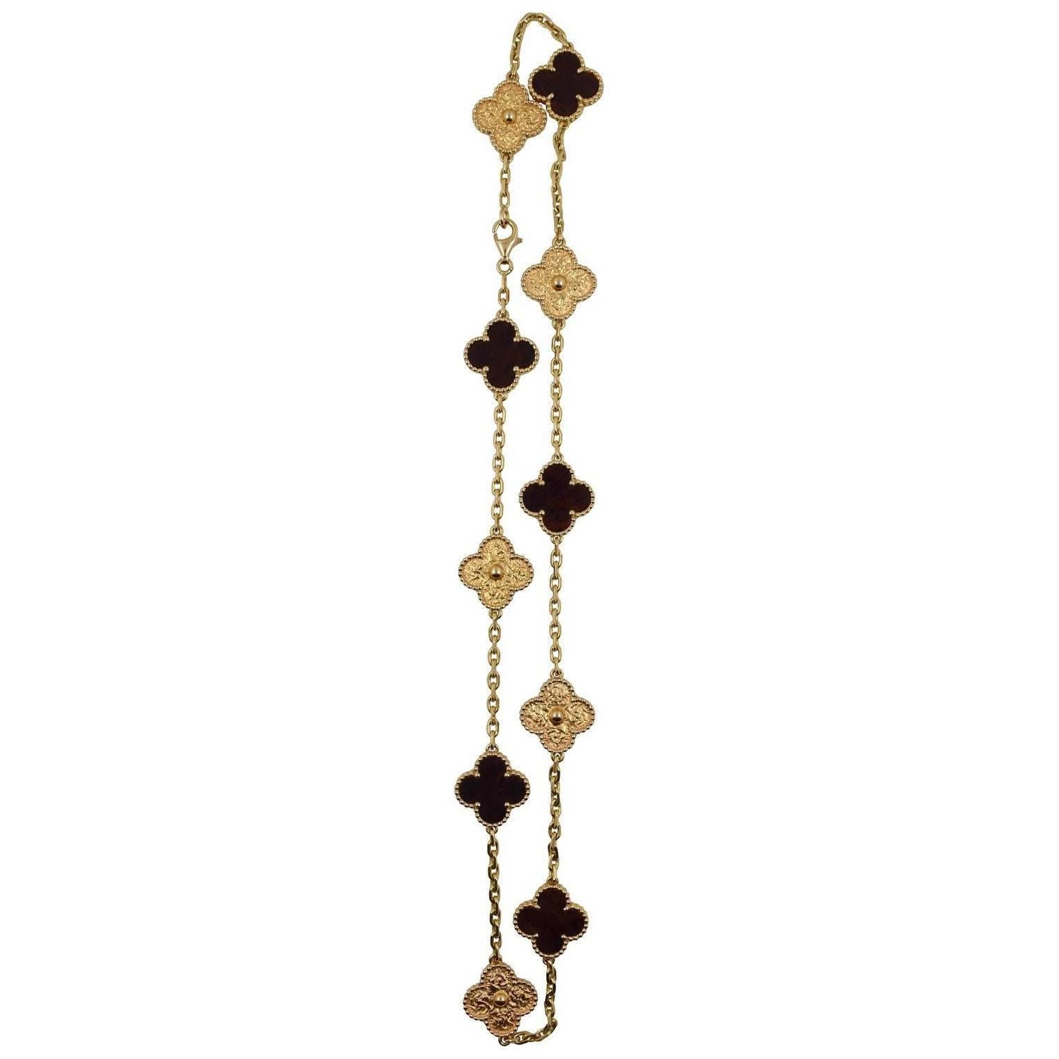 Van Cleef & Arpels Bois d'Amourette Gold 10 Motif Alhambra Necklace For Sale