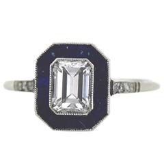 Platinum Emerald Cut Diamond and Sapphire Halo Ring with Milgrain