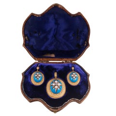 Victorian Turquoise Enamel, Pearl and Diamond Locket Pendant and Earrings Suite