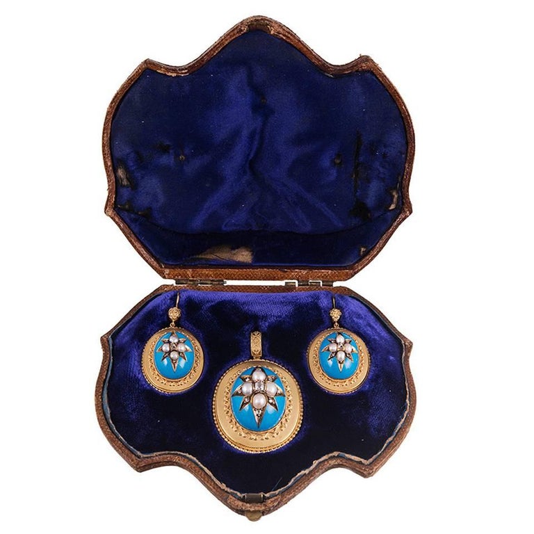 Victorian Turquoise Enamel, Pearl and Diamond Locket Pendant and Earrings Suite For Sale