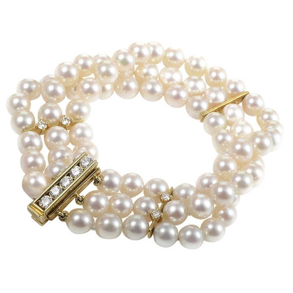 Mikimoto Three Row Pearl Diamond Gold Bracelet