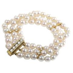 Mikimoto Dreireihiges Perlen-Diamant-Gold-Armband