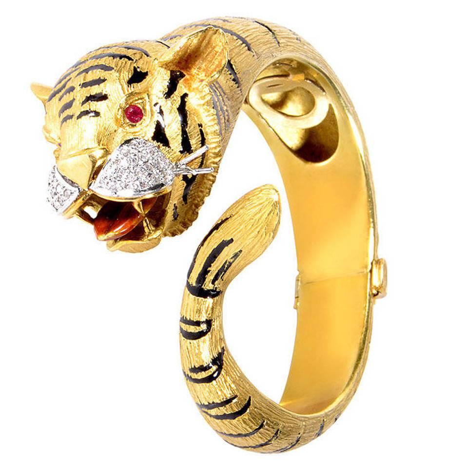 Ruby Diamond Two Color Gold Tiger Bangle Bracelet