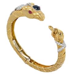 David Webb Diamond Ruby Sapphire Gold Platinum Cuff Bracelet