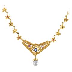 Loree Rodkin: Gelbgold-Halskette mit Diamant-Perlen-Saphir-Anhänger