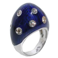 Blue Champslevé enamel and diamonds dome ring 1