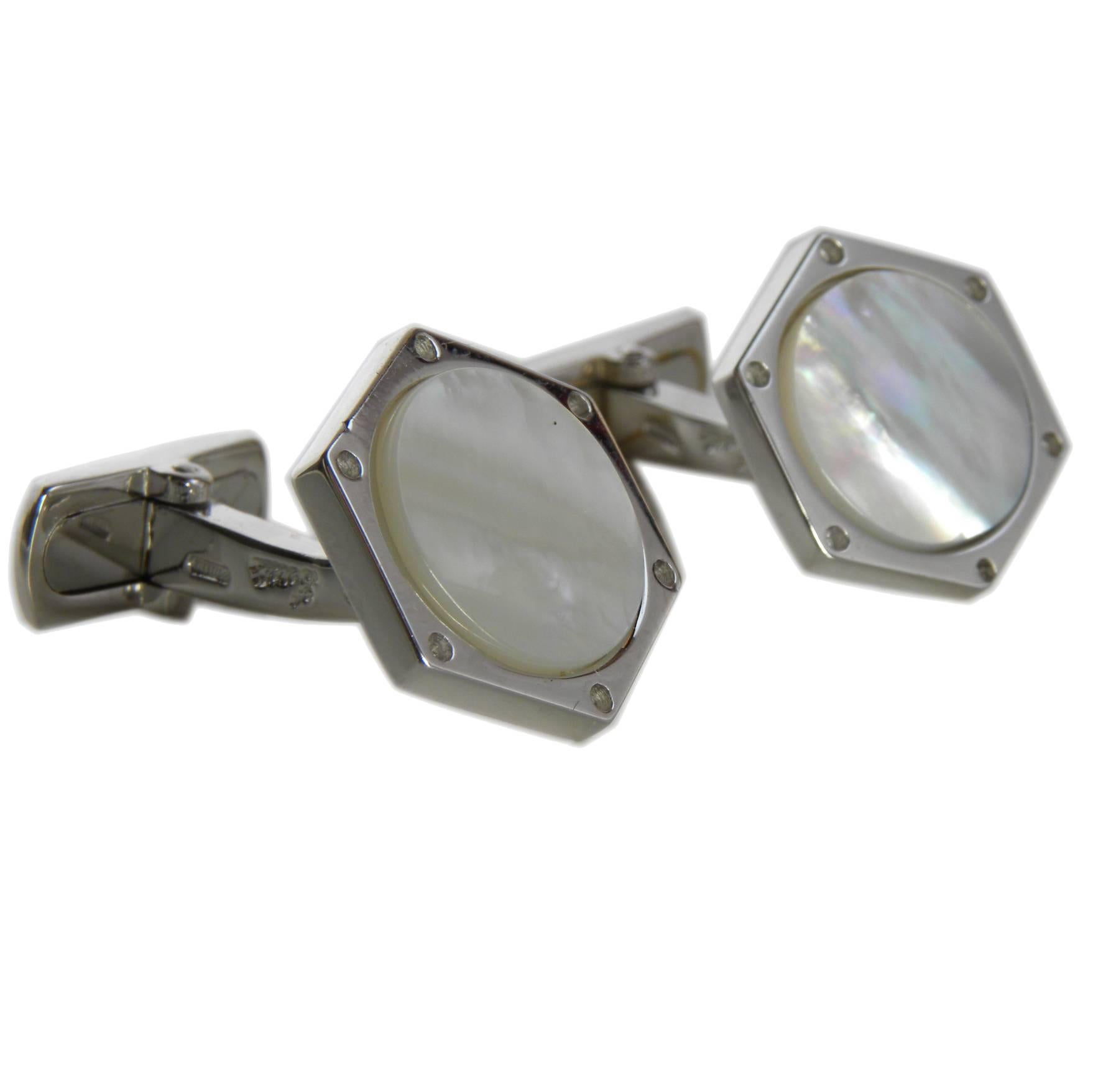 Berca Hand Inlaid Hexagonal Mother-of-pearl Sterling Silver Cufflinks
