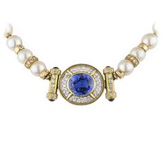 Blue Sapphire Diamond Pearl Gold Choker