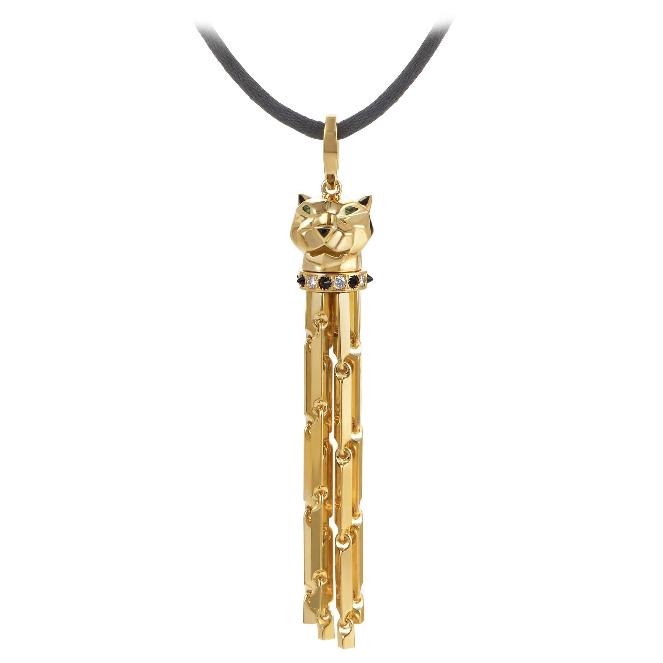 Cartier Panthere Diamond Emerald Onyx Yellow Gold Pendant Cord Necklace