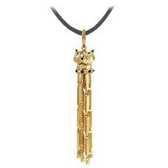 Cartier Panthere Diamond Emerald Onyx Yellow Gold Pendant Cord Necklace 