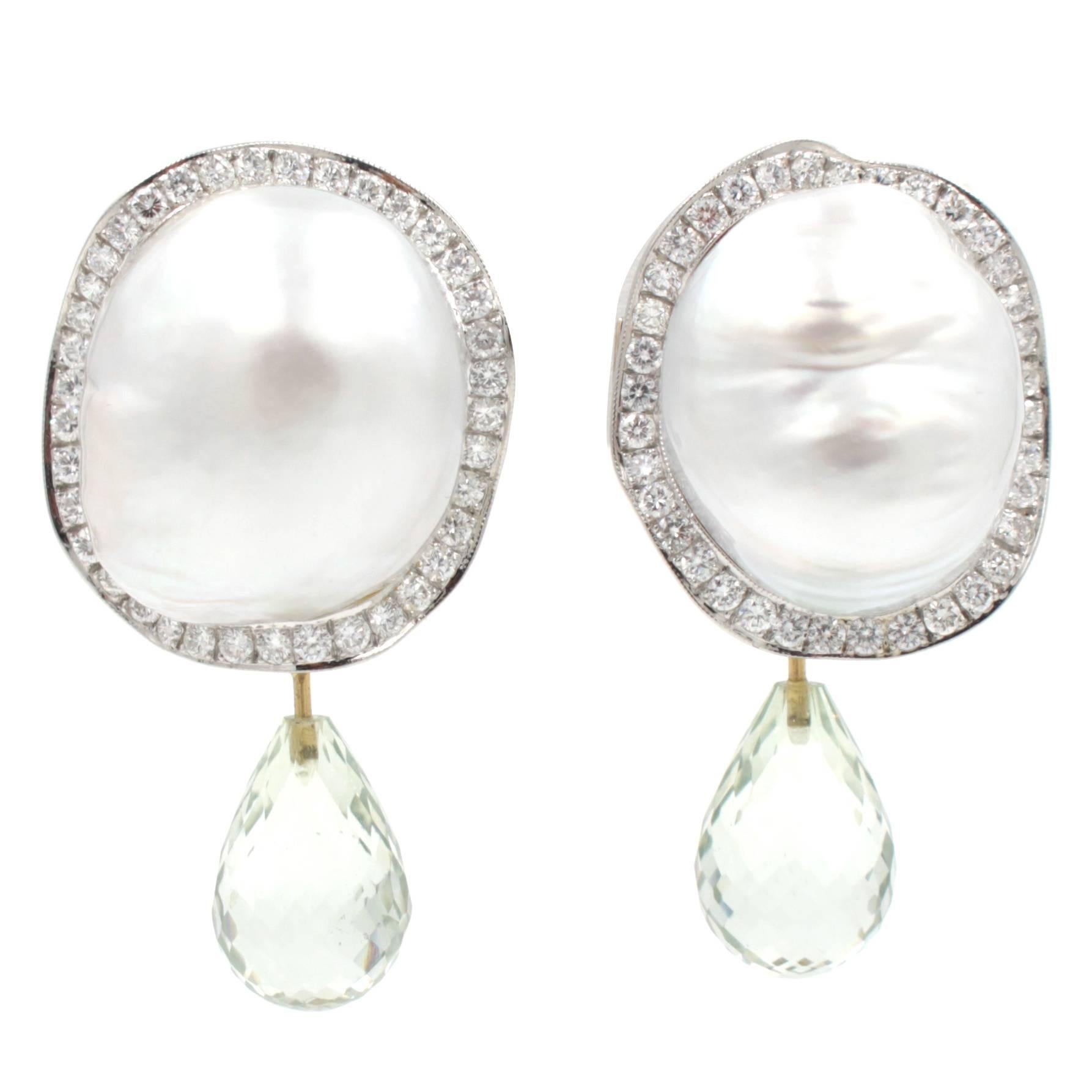 South Sea Baroque Pearl Diamond Gold Earrings For Sale