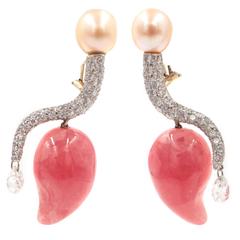 Diamond Pave Pink Pearl Rhodocrosite Drop Platinum Earrings