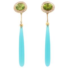 Peridot Blue Chalcedony Diamond Gold "Spring Time" Drop Earrings
