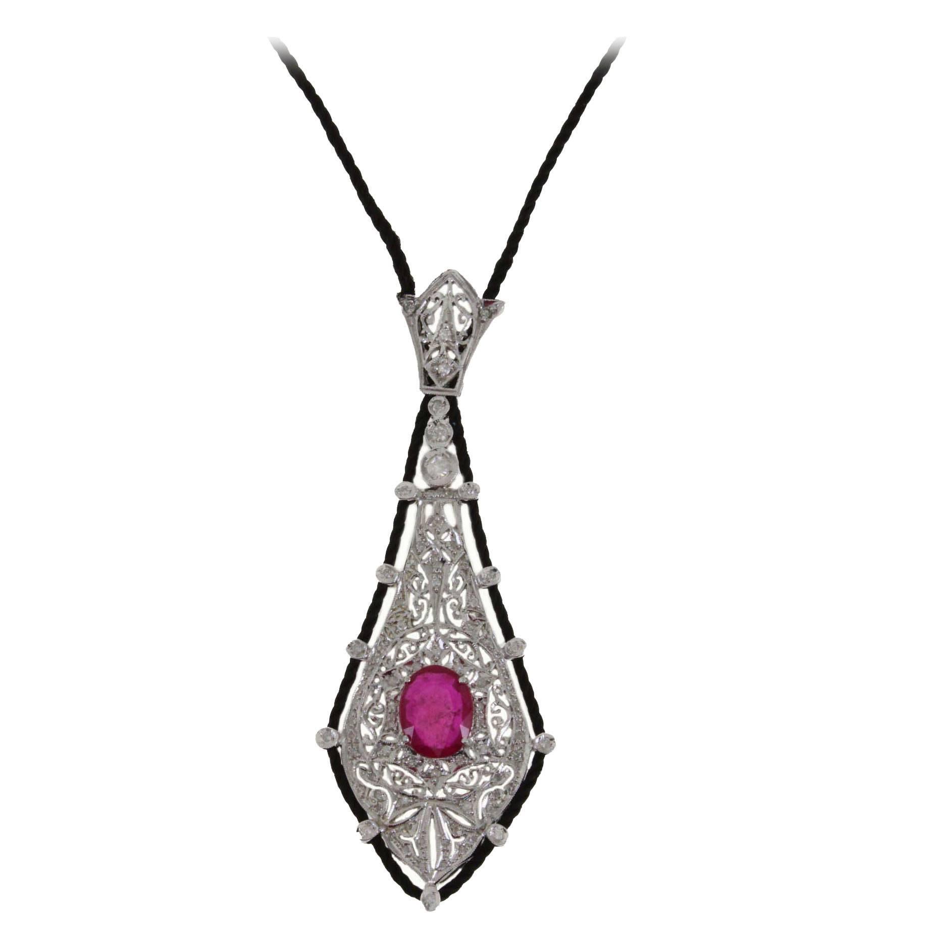 Diamond Ruby and Drawstring Gold Necklace