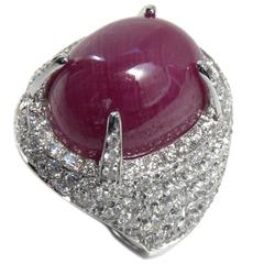 Natural Ruby Cabochon and Diamonds Pavé Cocktail Ring