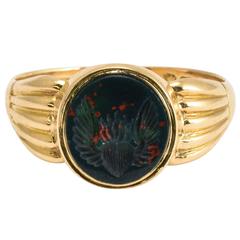 Victorian Bloodstone Winged Flaming Heart Gold Signet Ring