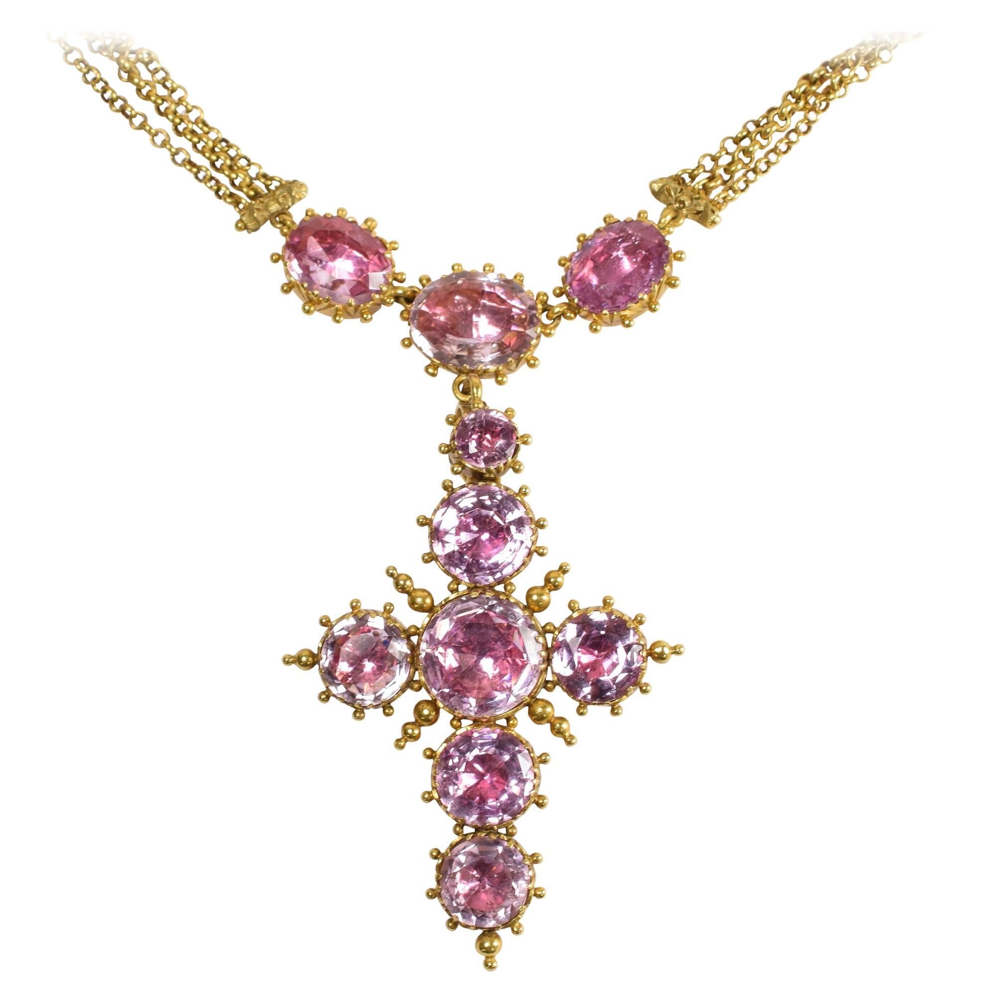 Georgian Pink Topaz Cross Gold Necklace