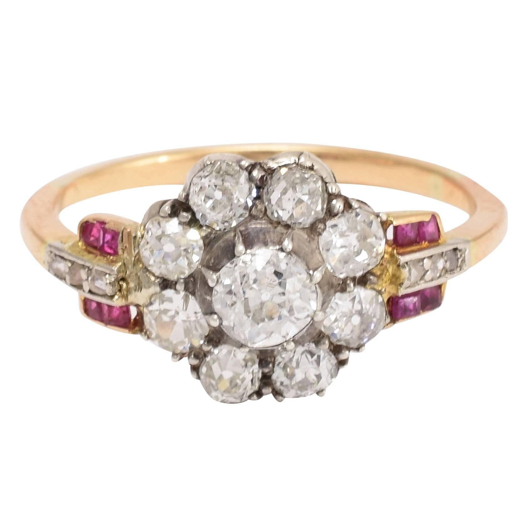Art Deco Diamond Ruby Flower Cluster Gold Ring