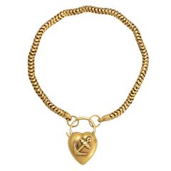 Antique Victorian Anchor Heart Padlock Snake Link Gold Bracelet
