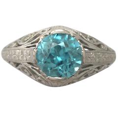 Antique 1920s 3.34 Ct Blue Zircon and Platinum Dress Ring 4
