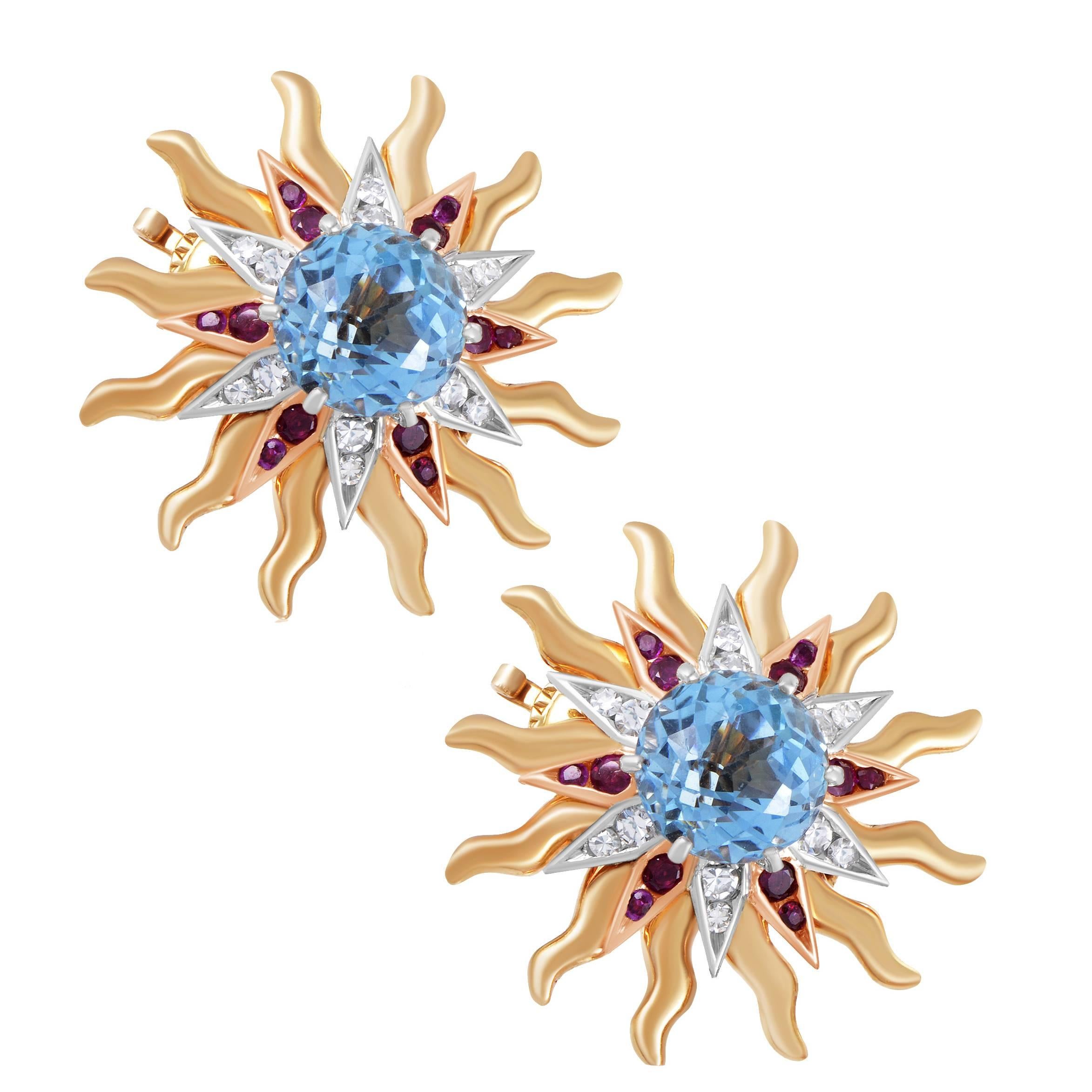 Cartier Diamond Ruby Aquamarine Multi-Tone Gold Clip-on Earrings 